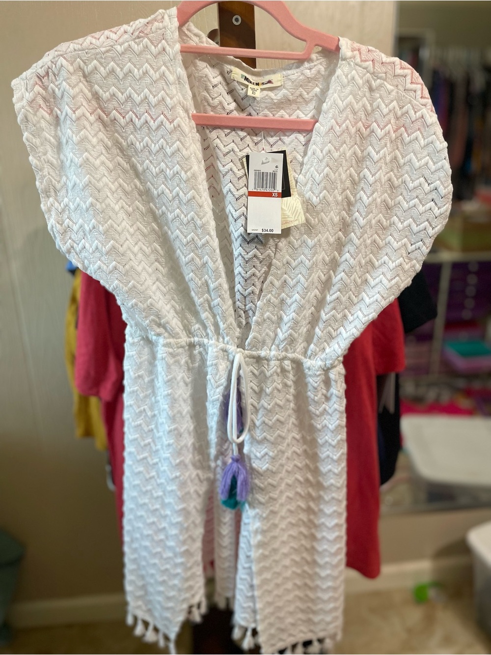 Miken White Hooded Swim Coverup with Purple and Teal Tassels